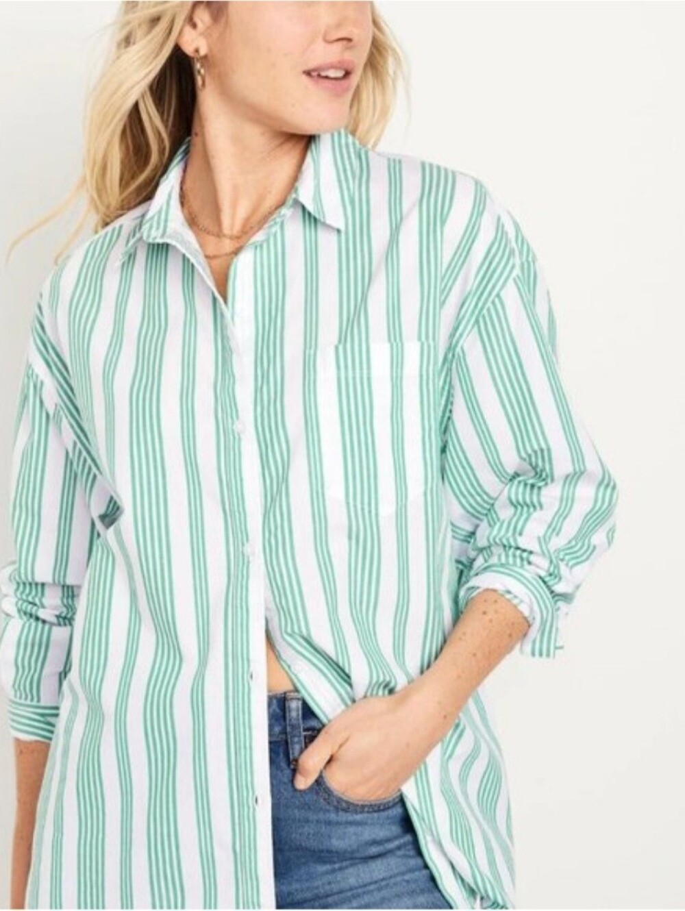 Green & White Striped Button-Down Shirt